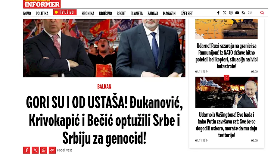 Tekst u dnevniku "Informer" o usvajanju Rezolucije o Srebrenici u Skupštini Crne Gore. Foto: Informer.rs/Screenshot