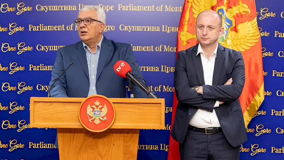 Lideri koalicije Za budućnost Crne Gore Andrija Mandić (L) i Milan Knežević (D). Foto: Skupština Crne Gore